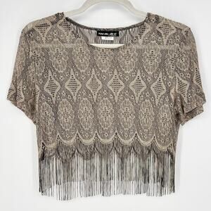 Shar Ade Vintage Gold Lace Crochet Cropped Tassle Top Size 18